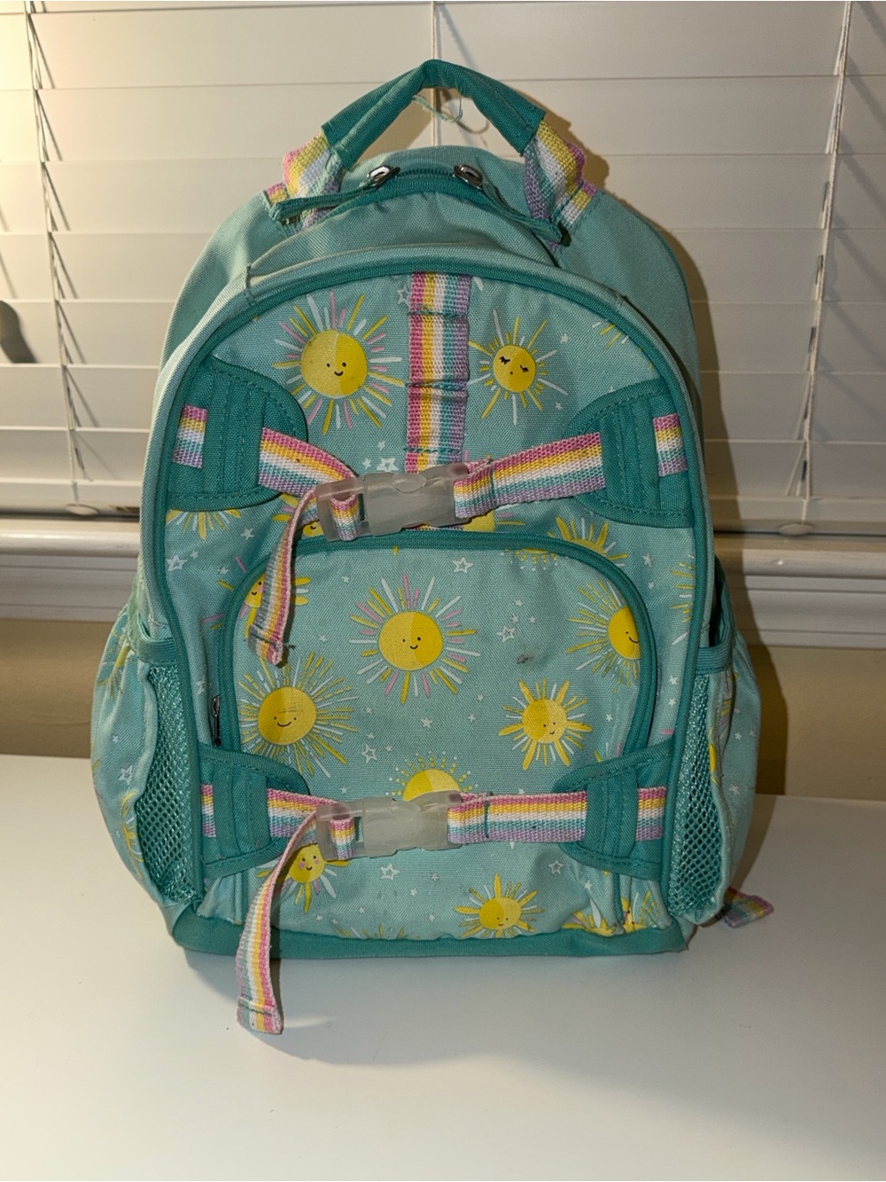 Pottery Barn size small kids backpack - te with glow in the dark suns